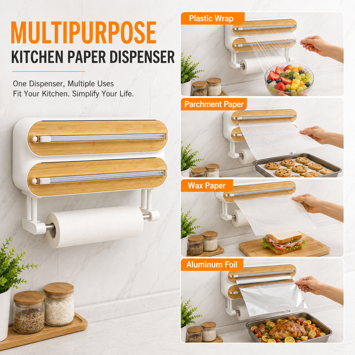 🚚 📦4-in-1 Magnetic Kitchen Wrap Dispenser with Cutters