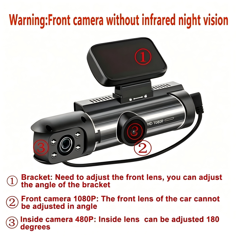 FHD 1080P Dual Lens Dash Cam, 3.16" IPS Touch Screen, Loop Recording, G-Sensor Emergency Lock, Front & Inside Simultaneous Recording