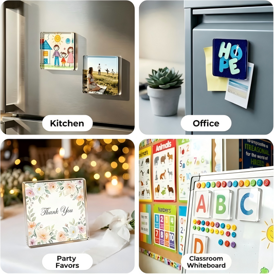 Blank Square Acrylic Fridge Magnet Blanks, DIY Custom Photo Drawing Refrigerator Magnets with Flexible Magnetic Sheets for Kitchen Office Classroom Whiteboard Party Gift