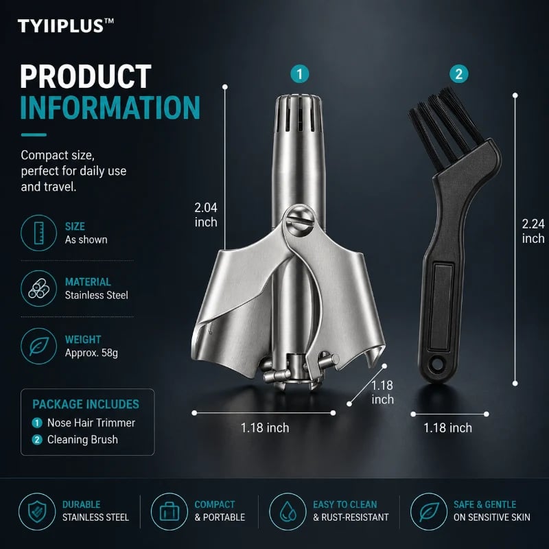 💥 🔥Manual Nose Hair Trimmer – Stainless Steel 360° Trimmer, Waterproof & No Battery Required