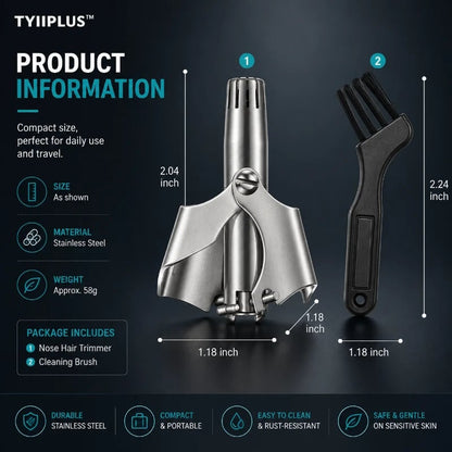 💥 🔥Manual Nose Hair Trimmer – Stainless Steel 360° Trimmer, Waterproof & No Battery Required