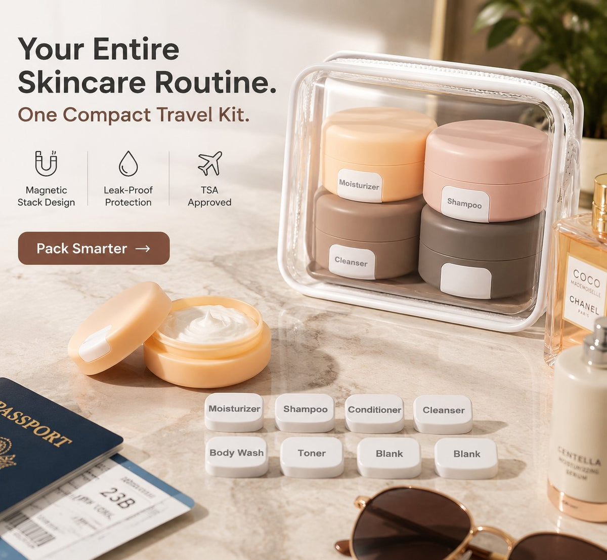 Magnetic Travel Containers Set (4 Pack) 🎁🛡Keep Your Skincare Organized, Leak-Free & TSA Ready Anywhere You Go.