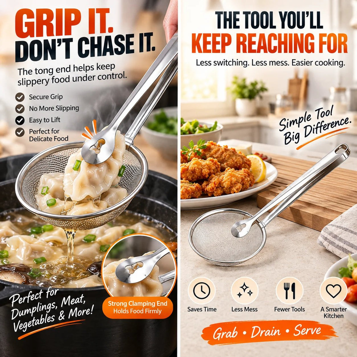 🔥 🔥2-in-1 Stainless Steel Strainer Tongs – Grab, Drain & Serve with One Tool