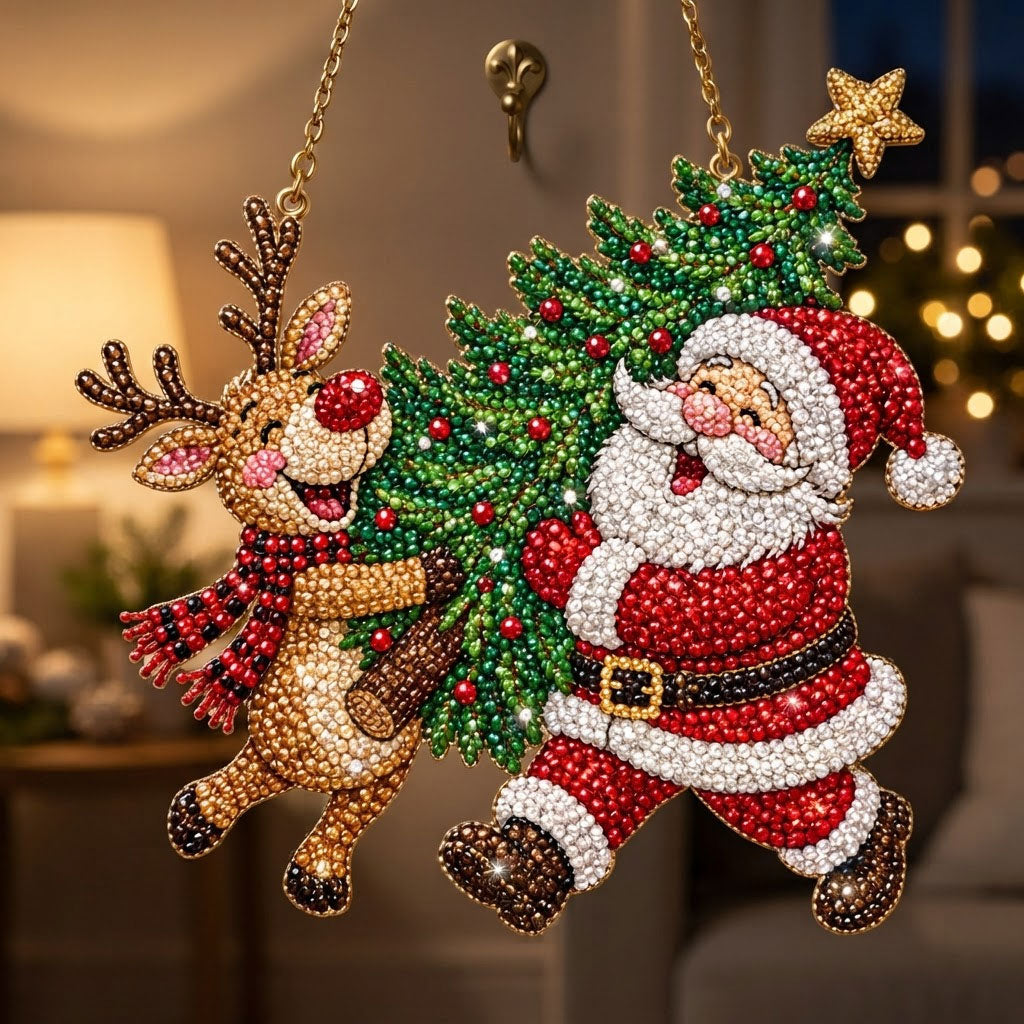 🔥Limited time 70% OFF🔥 🎅🦌 Santa & Reindeer Diamond Art Ornament Kit – Sparkling DIY Christmas Door Hanger