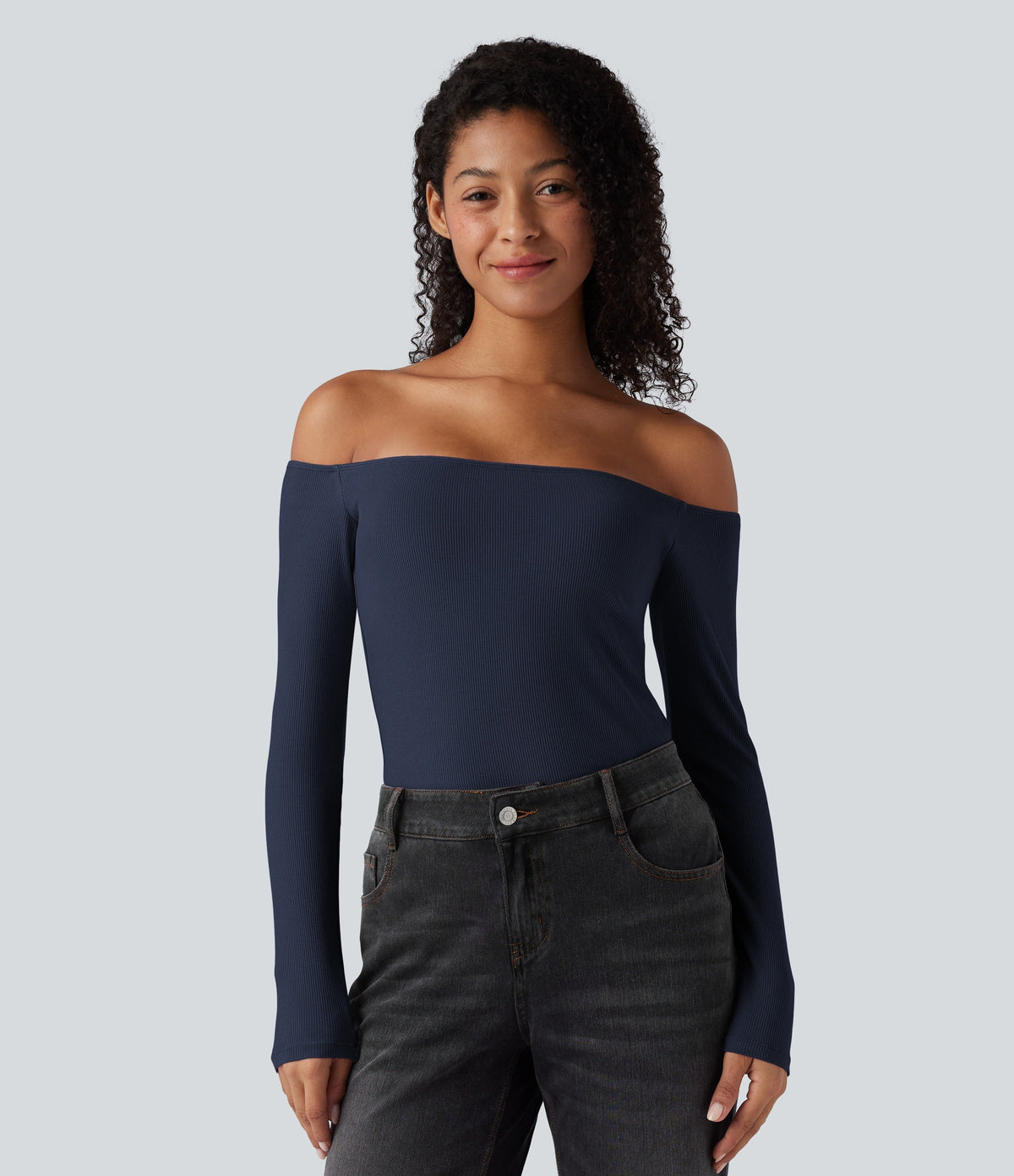 Ribbed Knit Off Shoulder Long Sleeve Women Built in bra Casual Crop Top