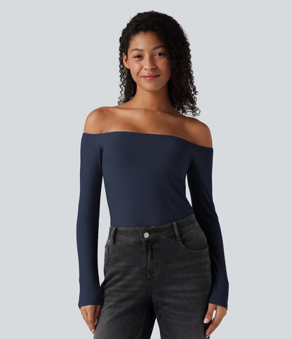 Ribbed Knit Off Shoulder Long Sleeve Women Built in bra Casual Crop Top