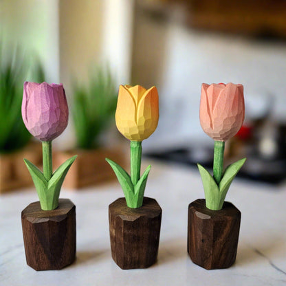 Tulip Hand-Carved Wooden Flower With Gift Box Packing