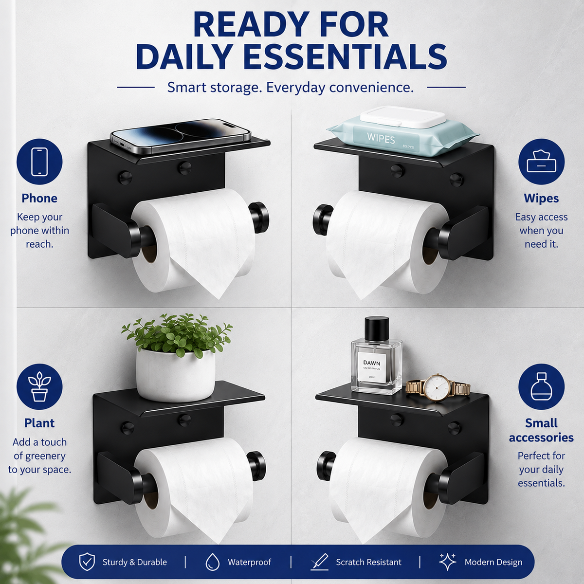 Toilet Paper Holder with Shelf – SUS304 Stainless Steel, Fits Mega Rolls, No-Drill Option