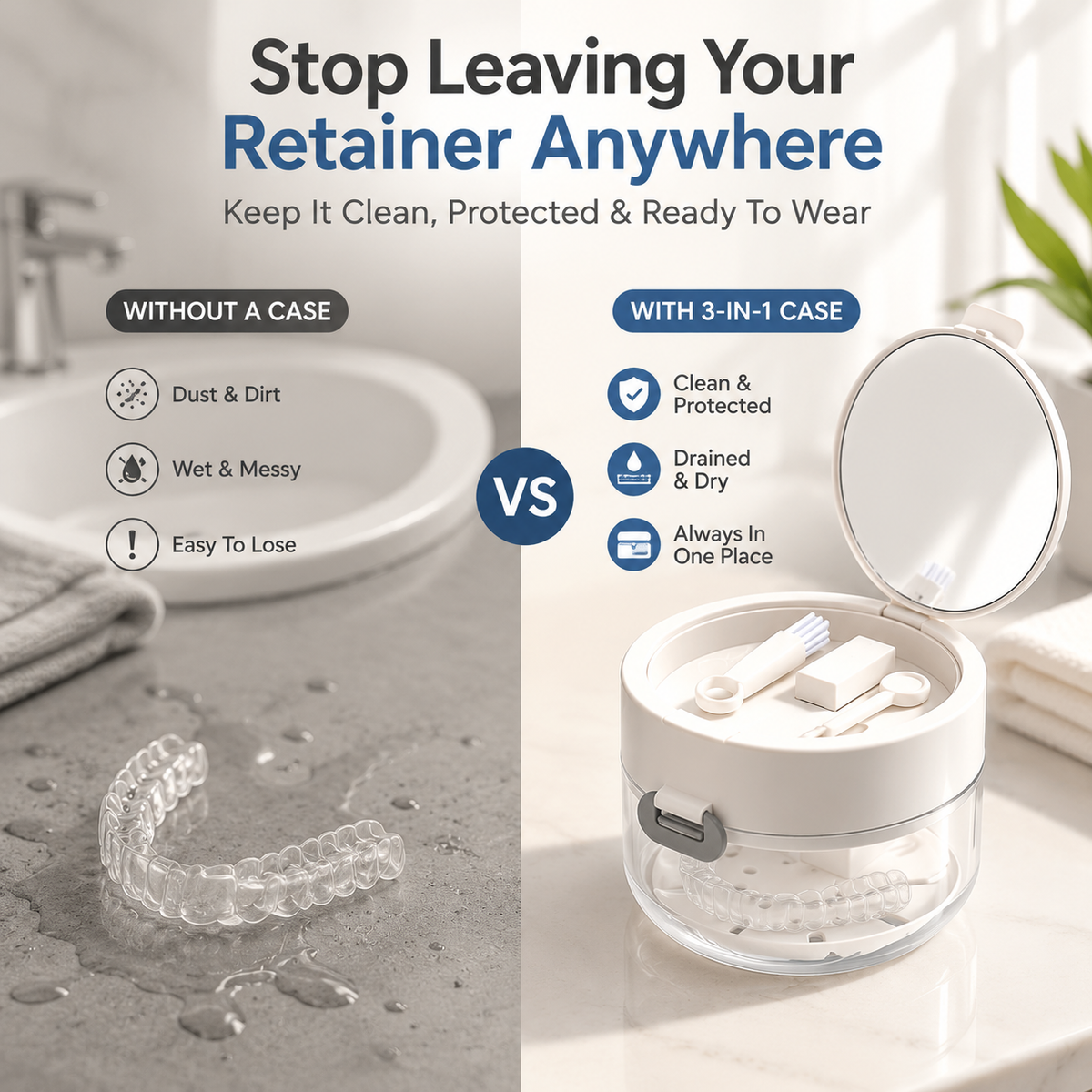 ✨ Portable 3-in-1 Retainer Cleaner Case | Clean, Drain, Dry & Store Aligners, Mouth Guards and Dentures in One Compact Organizer