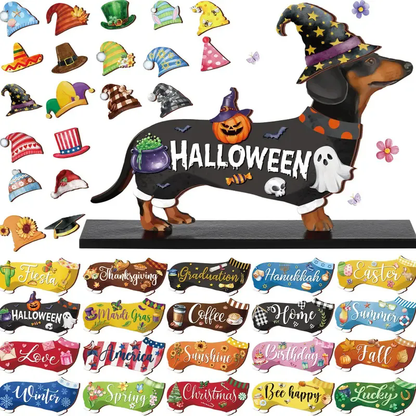 Pet Sign Gift Halloween Decor Cat Ornaments Wooden Sign Cat Desk Decor Interchangeable Pet Decor with Magnet Detachable Hats for Summer Halloween Autumn Holiday Seasonal Birthday Party, Gift for Pet Owning Families and Cat Lovers