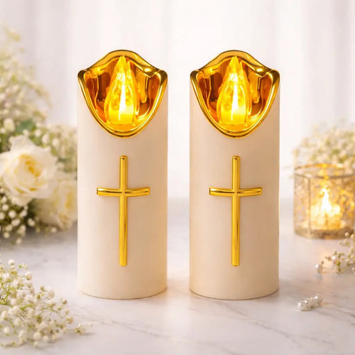 🕯️Flameless Pillar LED Candle with Gold Cross✝️Set of 2
