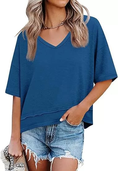Women's V-neck Mid-length Sleeve Spliced Hem Basic Top