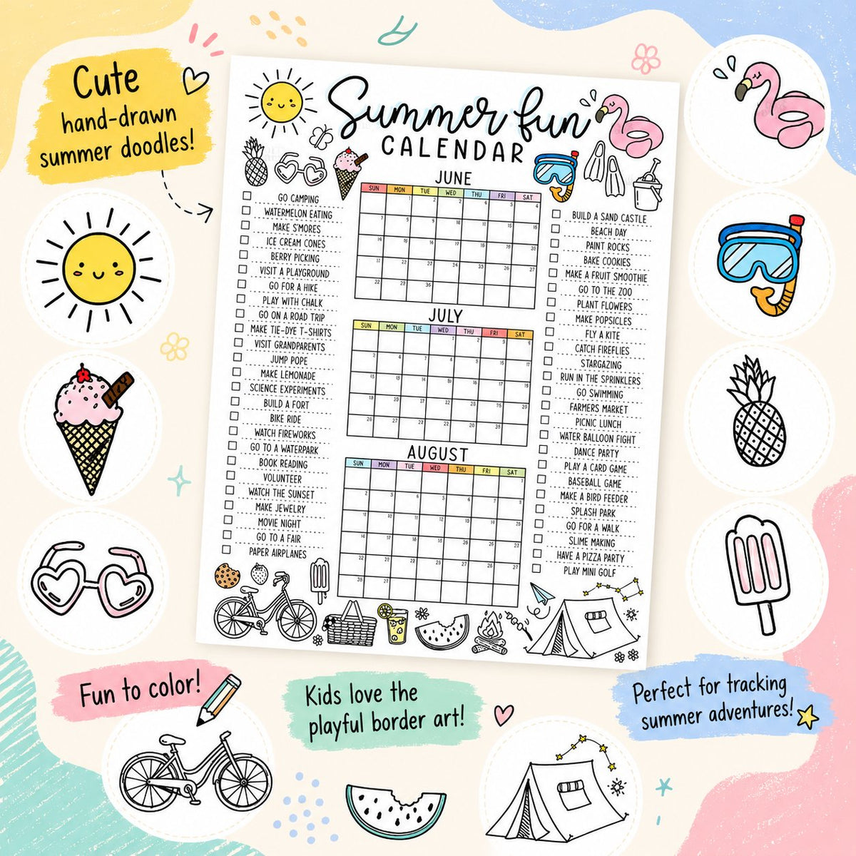 🌞 Summer Fun Bucket List Calendar Poster | Kids Summer Activity Tracker