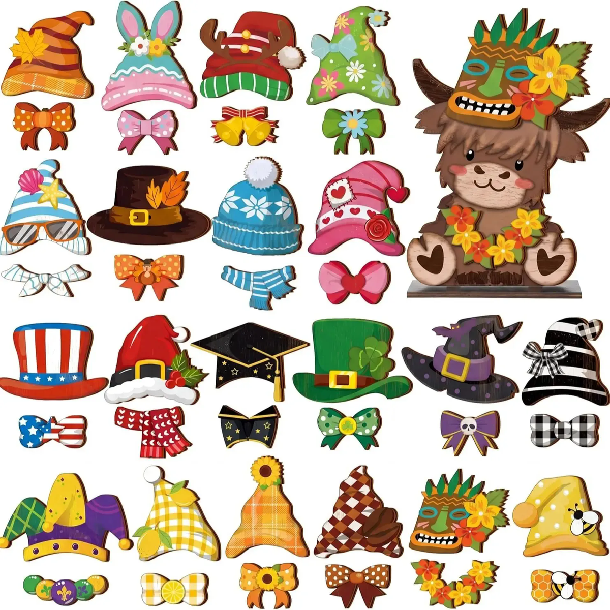 Pet Sign Gift Halloween Decor Cat Ornaments Wooden Sign Cat Desk Decor Interchangeable Pet Decor with Magnet Detachable Hats for Summer Halloween Autumn Holiday Seasonal Birthday Party, Gift for Pet Owning Families and Cat Lovers