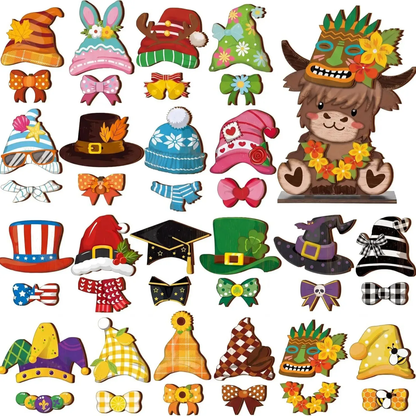 Pet Sign Gift Halloween Decor Cat Ornaments Wooden Sign Cat Desk Decor Interchangeable Pet Decor with Magnet Detachable Hats for Summer Halloween Autumn Holiday Seasonal Birthday Party, Gift for Pet Owning Families and Cat Lovers