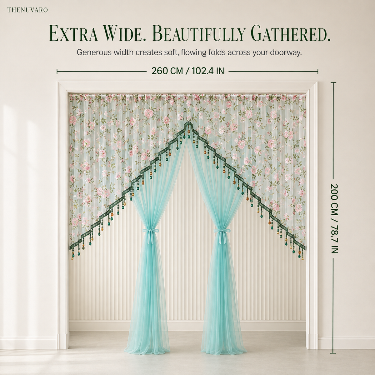 🌸 Extra-Wide Embroidered Beaded Doorway Curtain – Romantic Sheer Tie-Back Divider