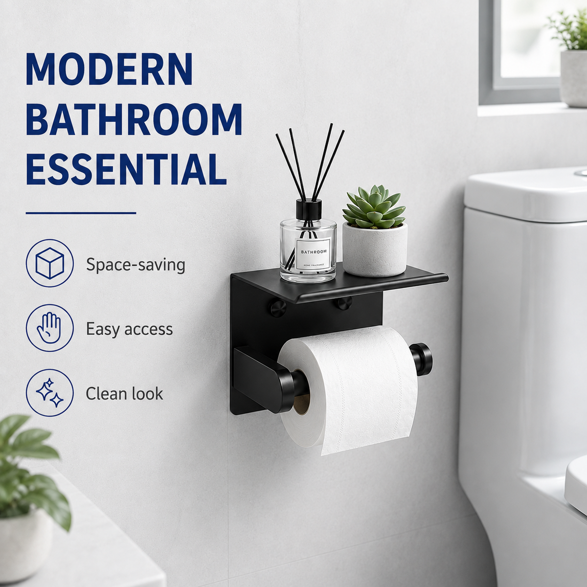Toilet Paper Holder with Shelf – SUS304 Stainless Steel, Fits Mega Rolls, No-Drill Option