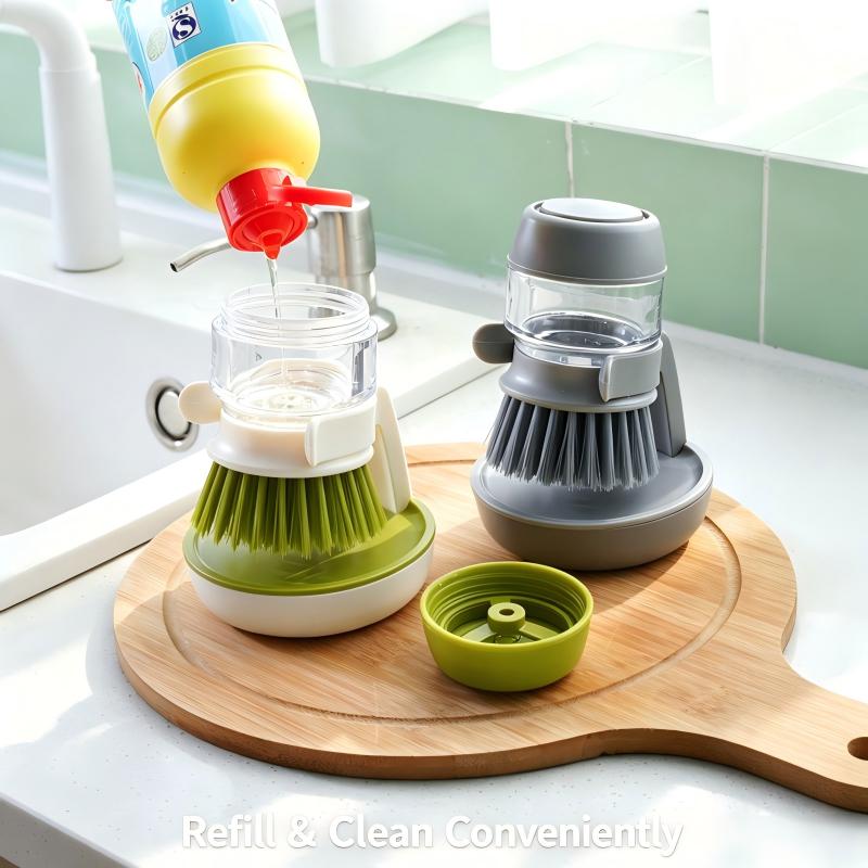Long Handle Automatic Soap Dispensing Dish Brush with Sponge and Steel Wool Dual Sided for Kitchen