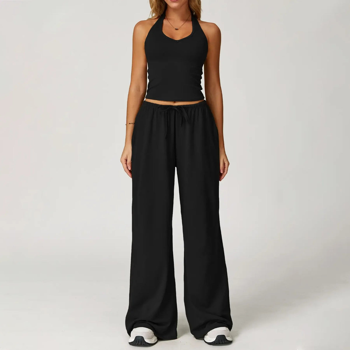 💖Hot 50% OFF✨ Women’s 2-Piece Silk-Like Lounge Set – V-Neck Strappy Top & Wide Leg Pants