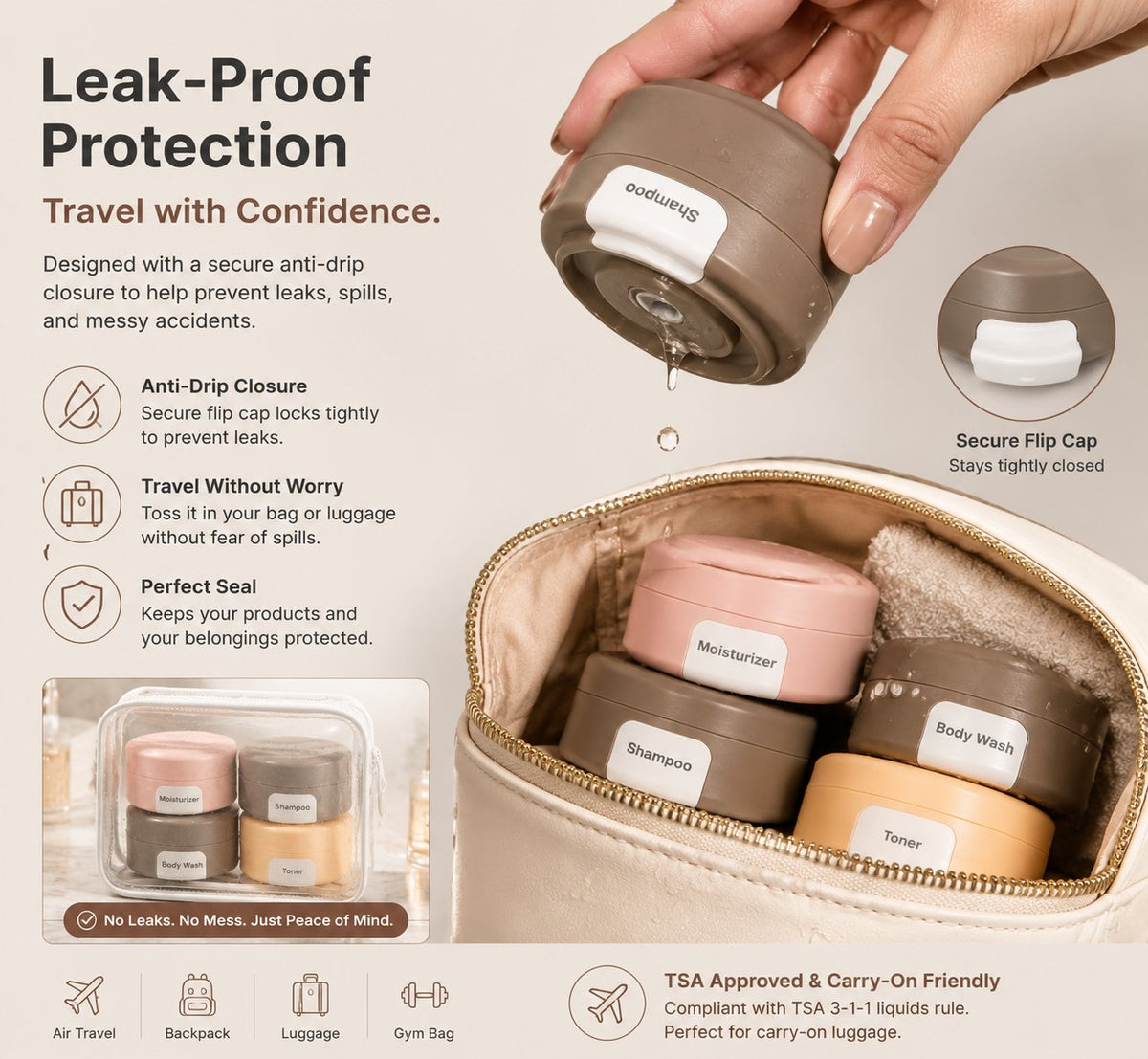Magnetic Travel Containers Set (4 Pack) 🎁🛡Keep Your Skincare Organized, Leak-Free & TSA Ready Anywhere You Go.