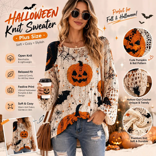 🎃 ✨ Women’s Halloween Pumpkin Bat Long Sleeve Knit Pullover