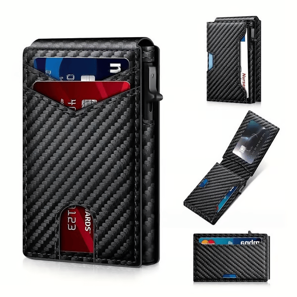 💼🔒Premium Aluminum RFID Blocking Minimalist Wallet for Men - Pop-Up Card Access, Money Clip & ID Window