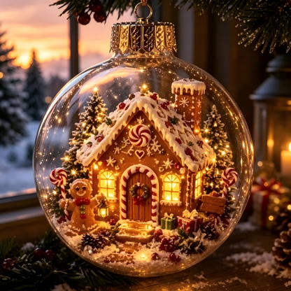 Light Up Christmas Ornament Ball, Acrylic Christmas Tree Hanging Decor, Xmas Scene Inside Bauble for Holiday Home Decor