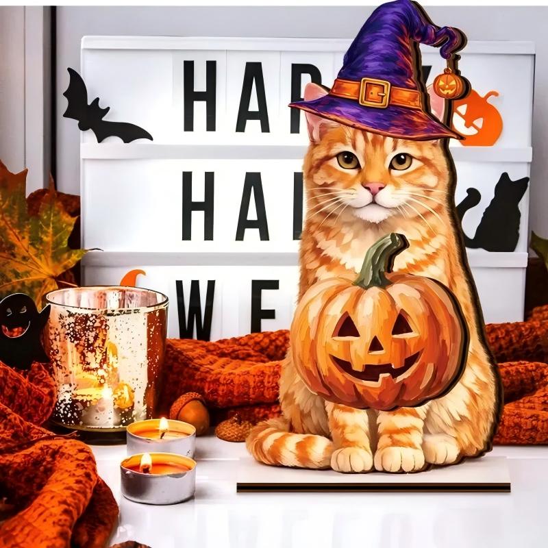 Pet Sign Gift Halloween Decor Cat Ornaments Wooden Sign Cat Desk Decor Interchangeable Pet Decor with Magnet Detachable Hats for Summer Halloween Autumn Holiday Seasonal Birthday Party, Gift for Pet Owning Families and Cat Lovers