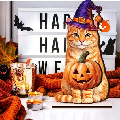 Pet Sign Gift Halloween Decor Cat Ornaments Wooden Sign Cat Desk Decor Interchangeable Pet Decor with Magnet Detachable Hats for Summer Halloween Autumn Holiday Seasonal Birthday Party, Gift for Pet Owning Families and Cat Lovers