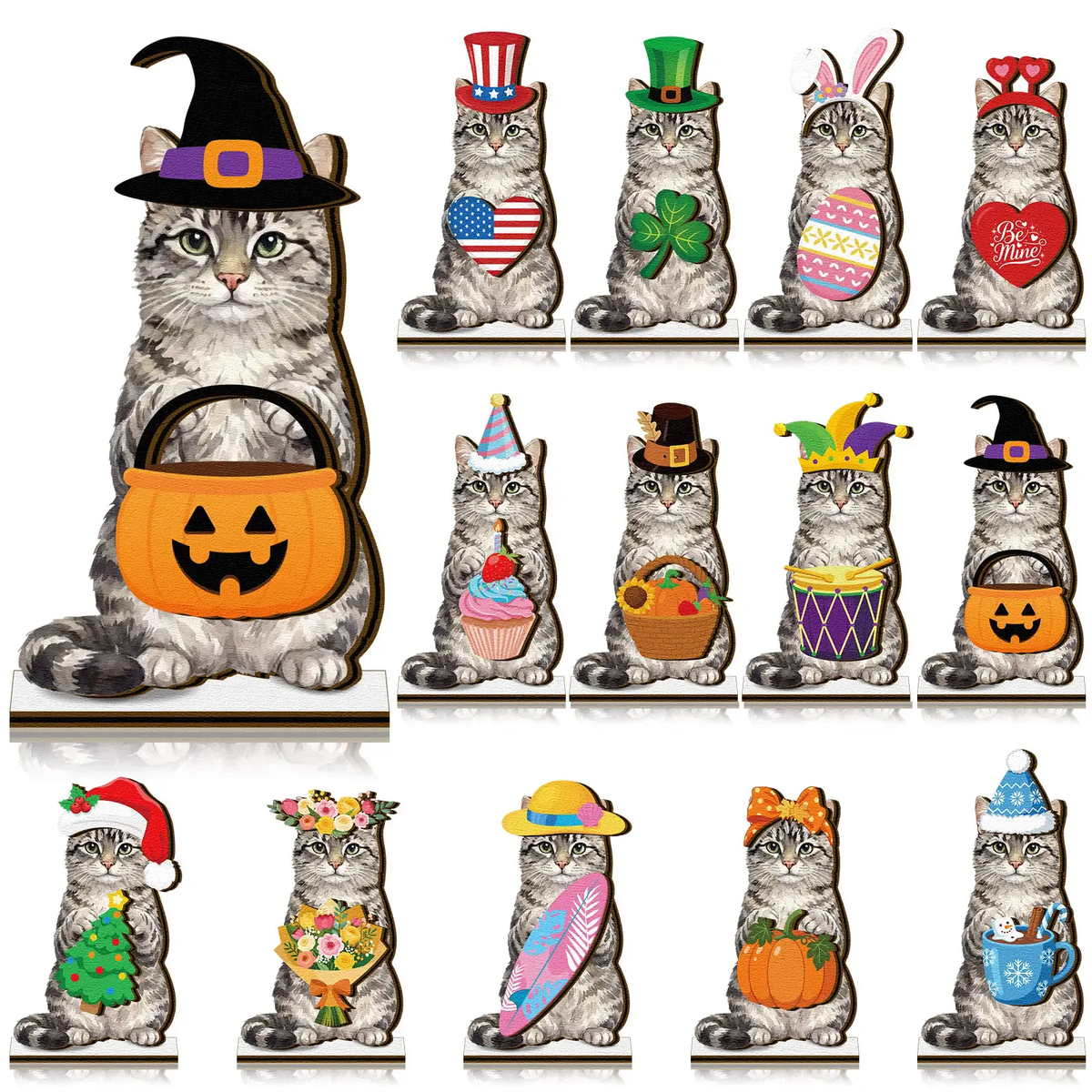 Pet Sign Gift Halloween Decor Cat Ornaments Wooden Sign Cat Desk Decor Interchangeable Pet Decor with Magnet Detachable Hats for Summer Halloween Autumn Holiday Seasonal Birthday Party, Gift for Pet Owning Families and Cat Lovers