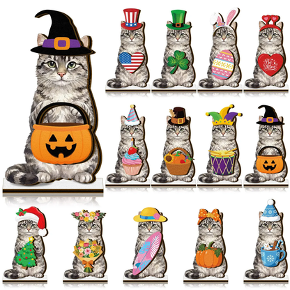 Pet Sign Gift Halloween Decor Cat Ornaments Wooden Sign Cat Desk Decor Interchangeable Pet Decor with Magnet Detachable Hats for Summer Halloween Autumn Holiday Seasonal Birthday Party, Gift for Pet Owning Families and Cat Lovers