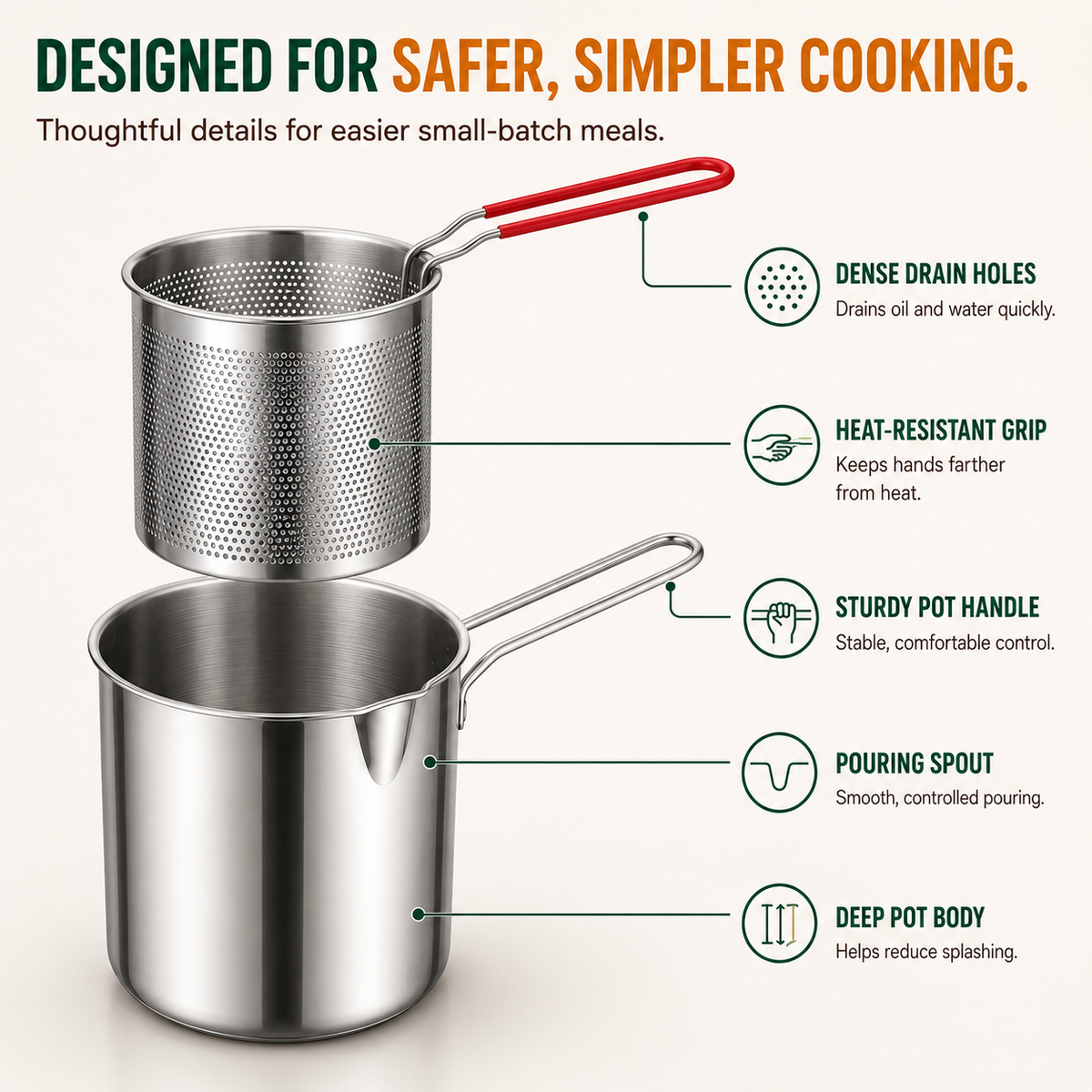 🔥Last Day 50% OFF - 🍟🏅🍟Personal Mini Deep Fryer Set – Stainless Steel Pot with Lift-Out Draining Basket & Food Tongs