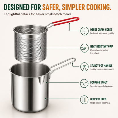 🔥Last Day 50% OFF - 🍟🏅🍟Personal Mini Deep Fryer Set – Stainless Steel Pot with Lift-Out Draining Basket & Food Tongs