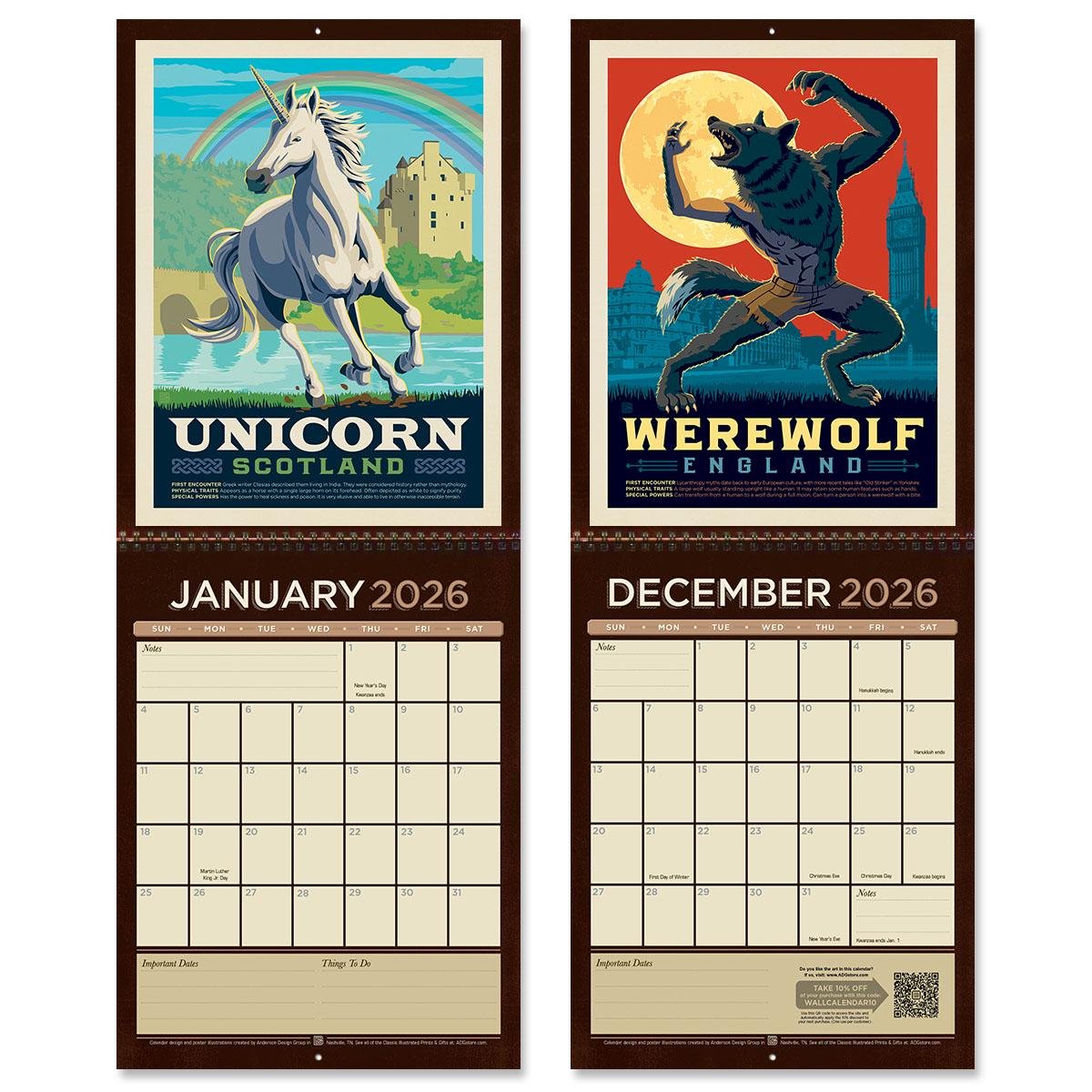 📅2026 Wall Calendar: Mythical Creatures from Around the World