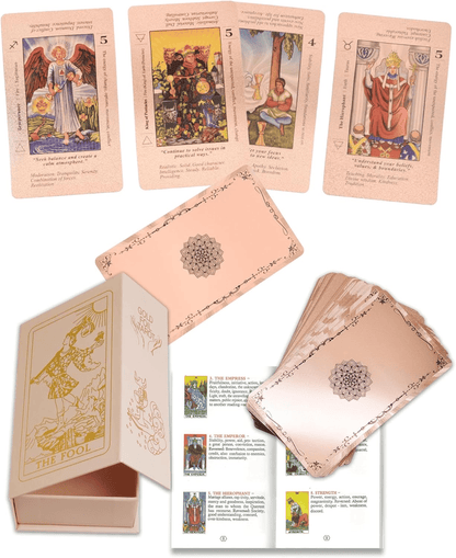 Witchy Cauldron Rose Gold Tarot Cards with Guide Book Waterproof Wrinkle Resistant Foil Tarot Deck for Beginners Includes Chakras Planets Zodiac Signs Elements & Affirmations