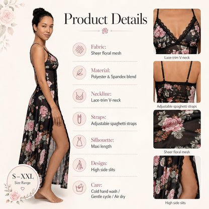 🔥Last Day 49% OFF - Sheer Floral Rose Print Maxi Dress 🎁