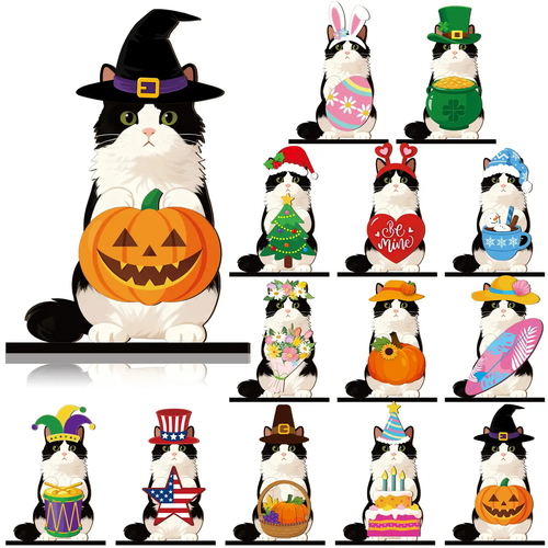 Pet Sign Gift Halloween Decor Cat Ornaments Wooden Sign Cat Desk Decor Interchangeable Pet Decor with Magnet Detachable Hats for Summer Halloween Autumn Holiday Seasonal Birthday Party, Gift for Pet Owning Families and Cat Lovers