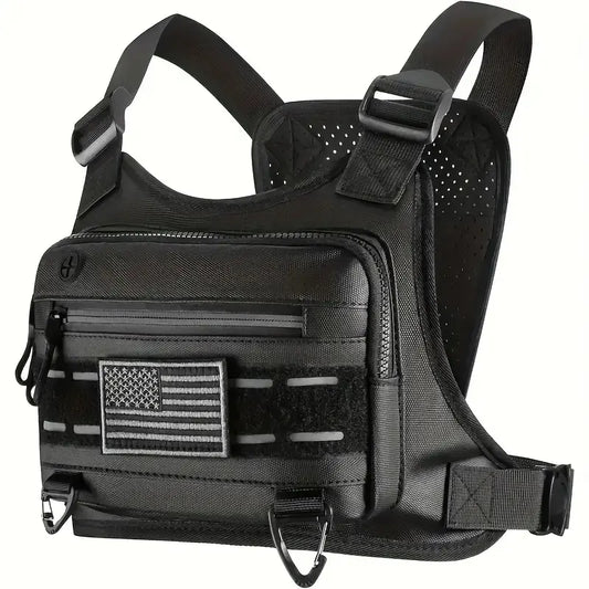 Black Unisex Tactical Chest Vest - Gorpcore Accessory with American Flag Patch, Ample Space