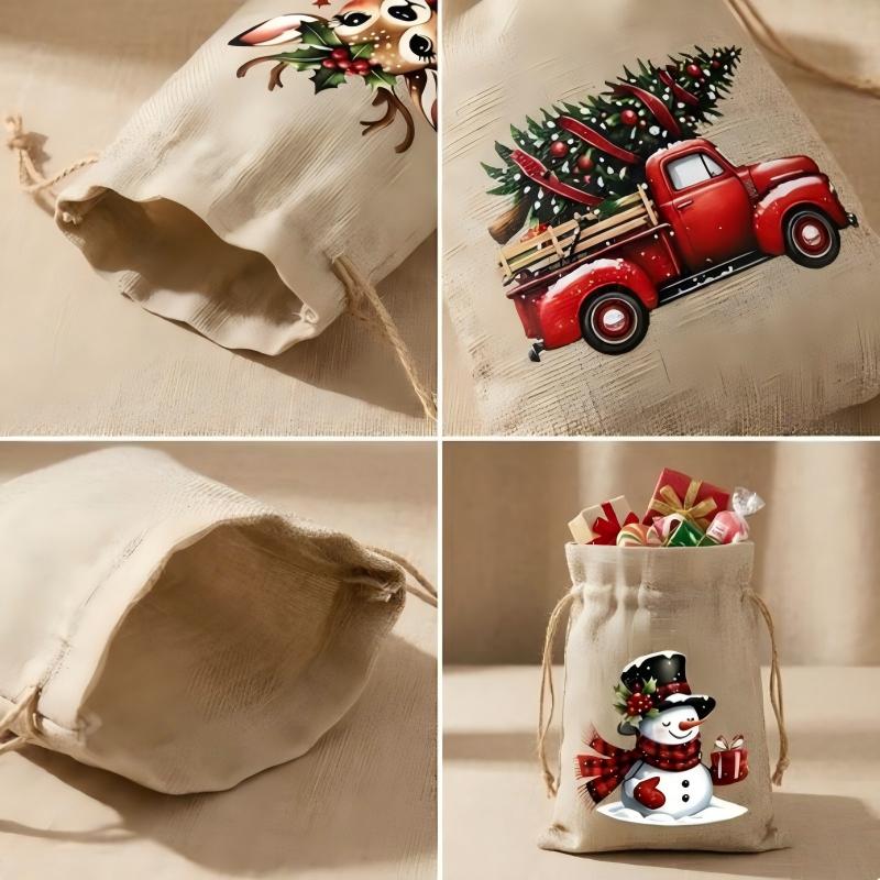 Rustic Christmas Burlap Drawstring Gift Bags