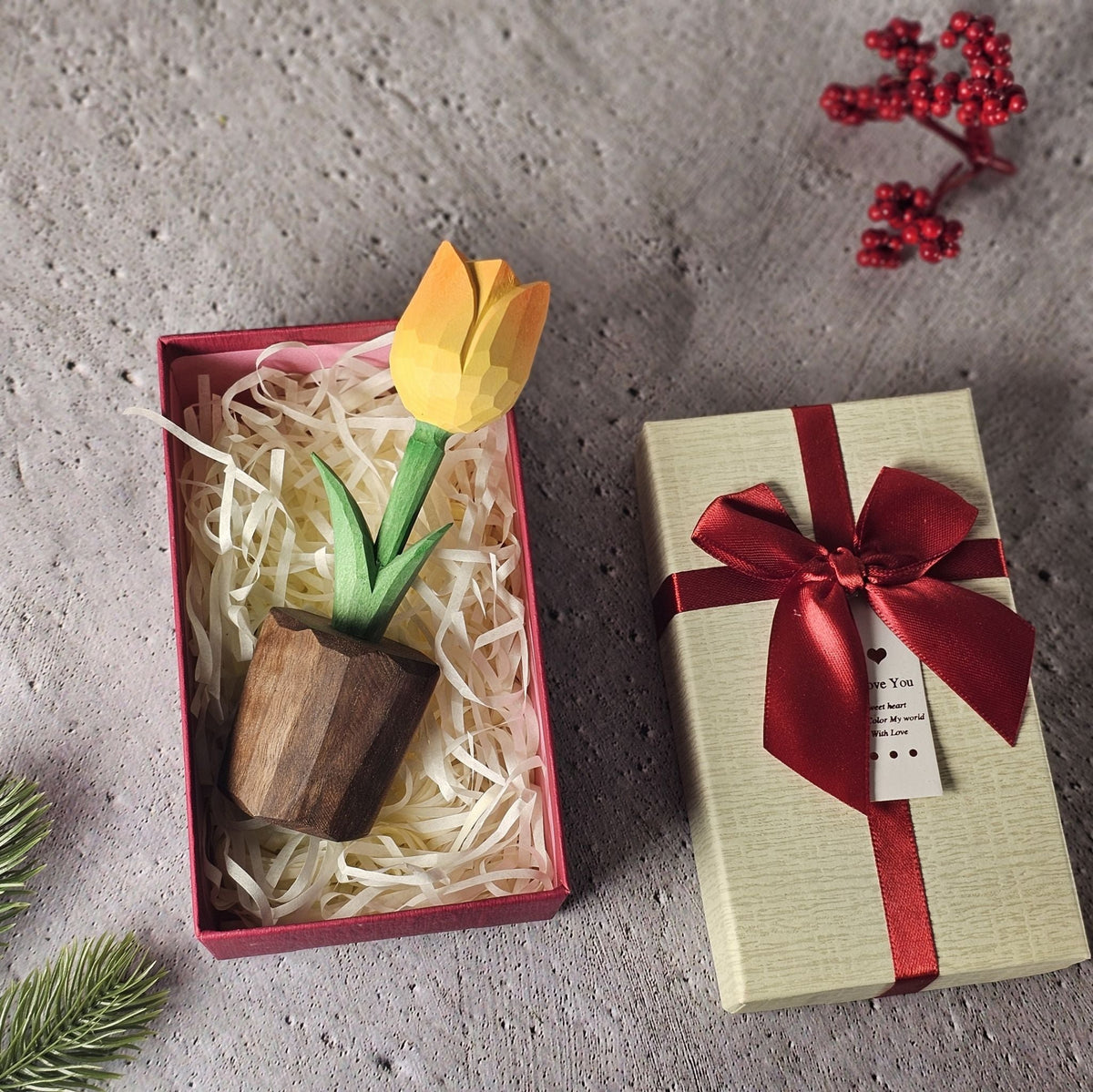 Tulip Hand-Carved Wooden Flower With Gift Box Packing