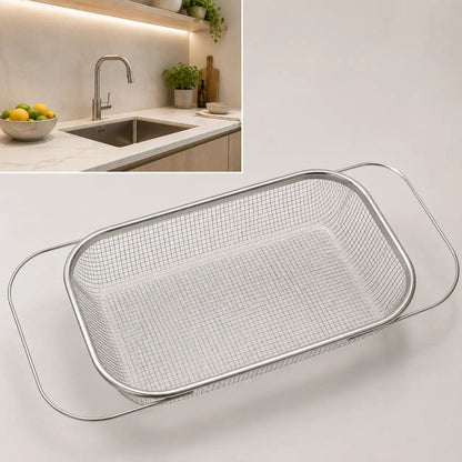 Stainless Steel Over-The-Sink Colander Strainer Basket, Expandable Rectangle Fine Mesh Kitchen Utensils with Handles, Silver Kitchen Essential