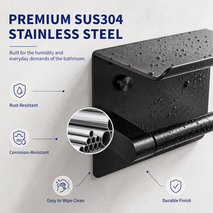 Toilet Paper Holder with Shelf – SUS304 Stainless Steel, Fits Mega Rolls, No-Drill Option