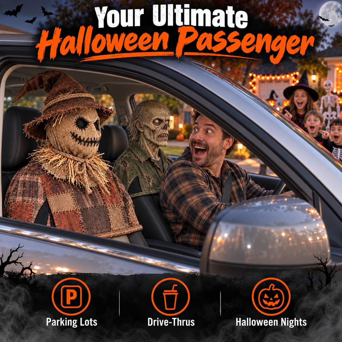 😱 Animated Horror Passenger Prop – Motion Sensor Halloween Car Decoration with Wireless Remote