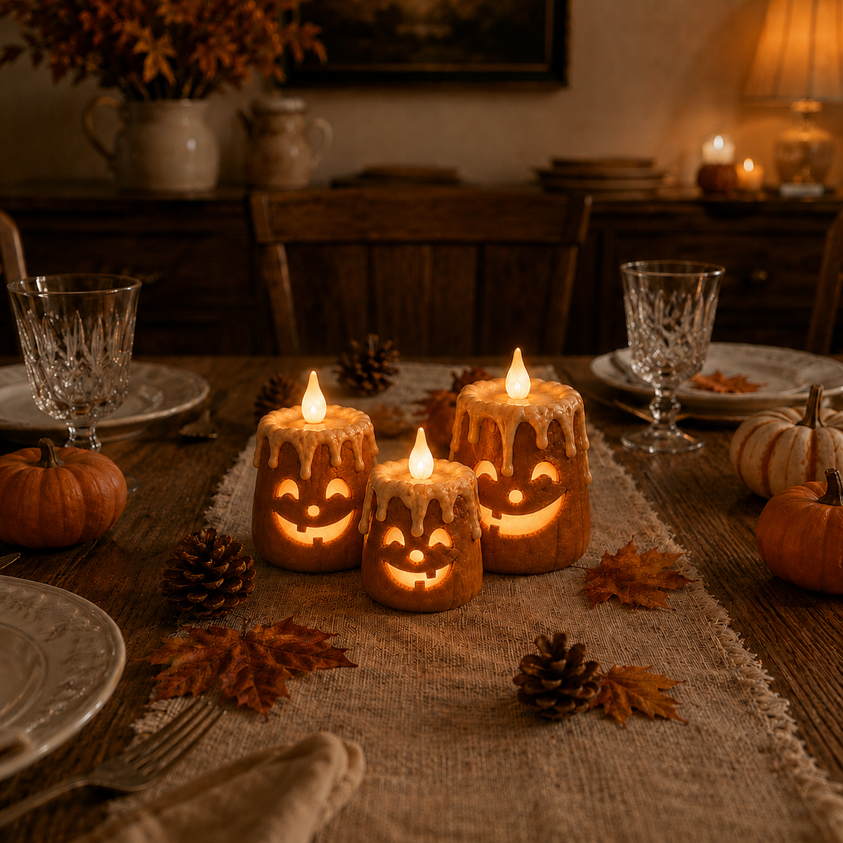 3-Piece Set Cozy Lighted Pumpkin Candles