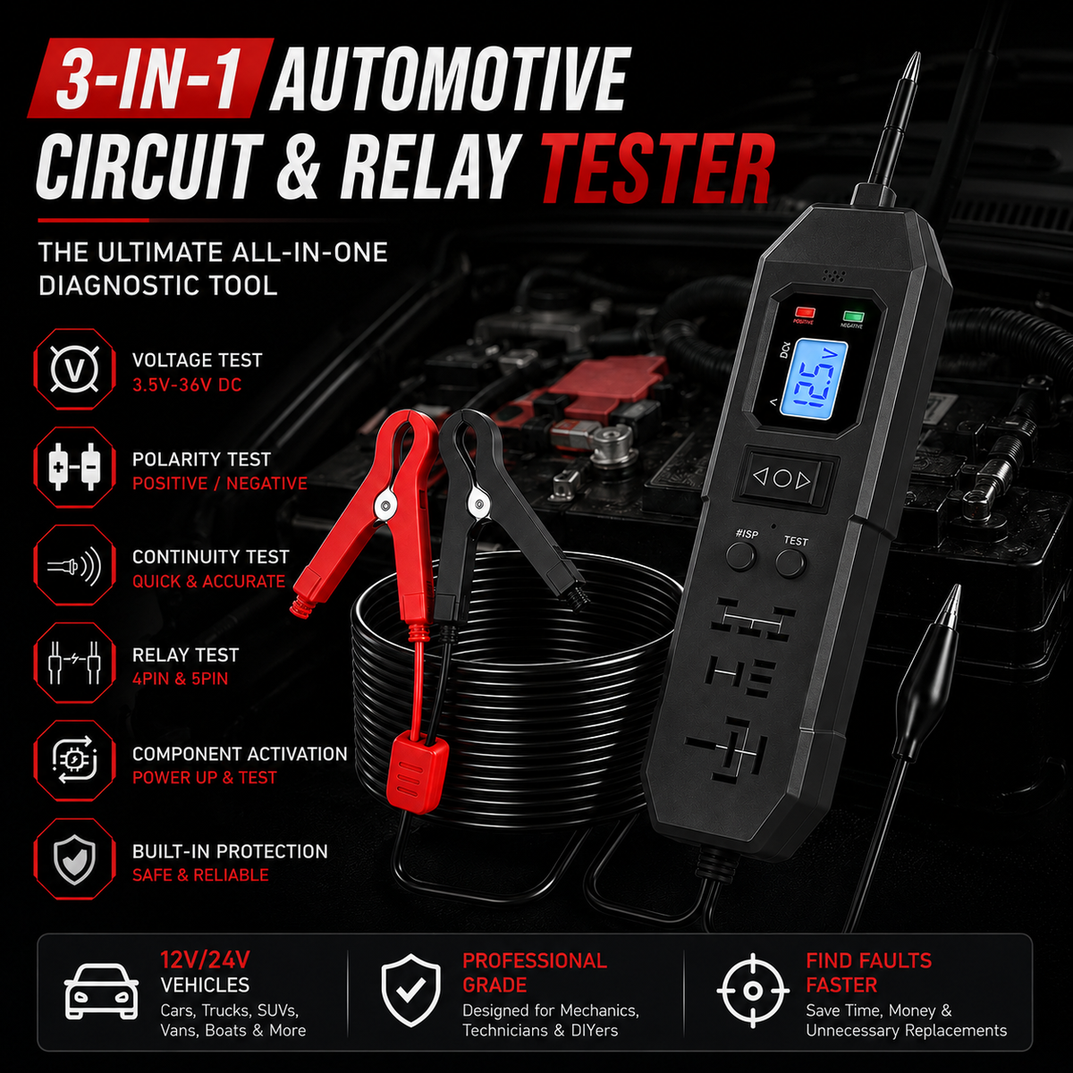 🔧 3-in-1 Automotive Power Circuit Probe & Relay Tester – 12V/24V Electrical Diagnostic Tool🚚