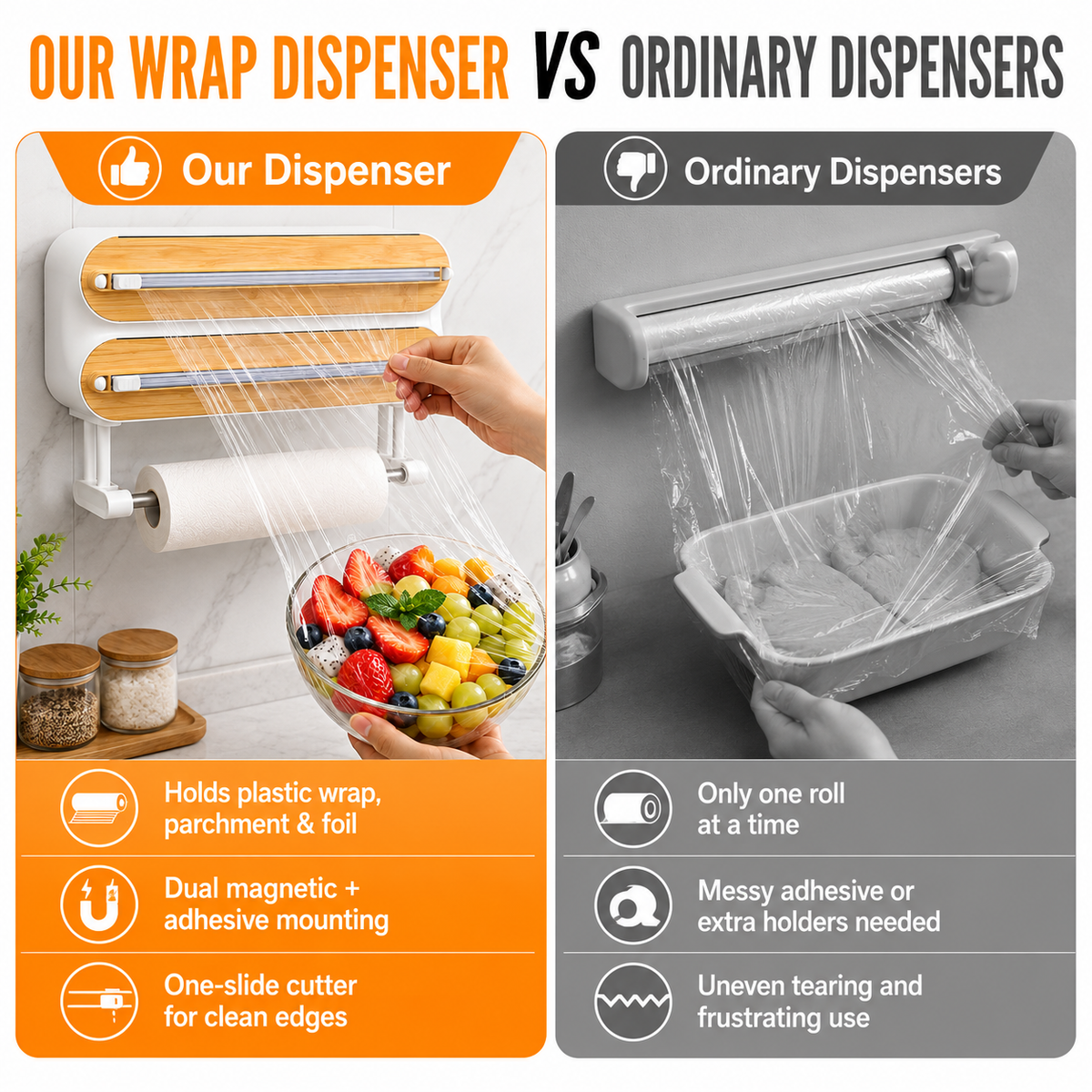 🚚 📦4-in-1 Magnetic Kitchen Wrap Dispenser with Cutters