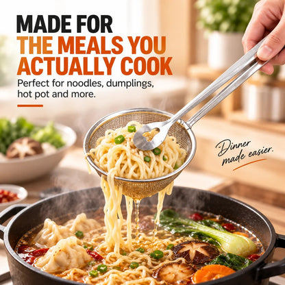 🔥 🔥2-in-1 Stainless Steel Strainer Tongs – Grab, Drain & Serve with One Tool