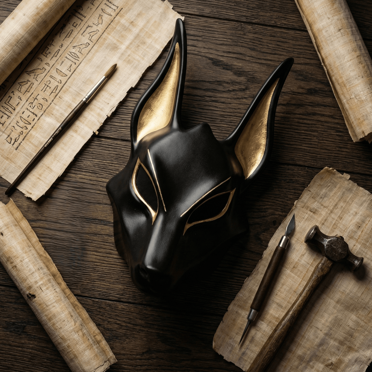 Egyptian Anubis Mask: Hand-Painted Faux Gold Leaf Jackal Mask for Cosplay & Luxury Wall Decor