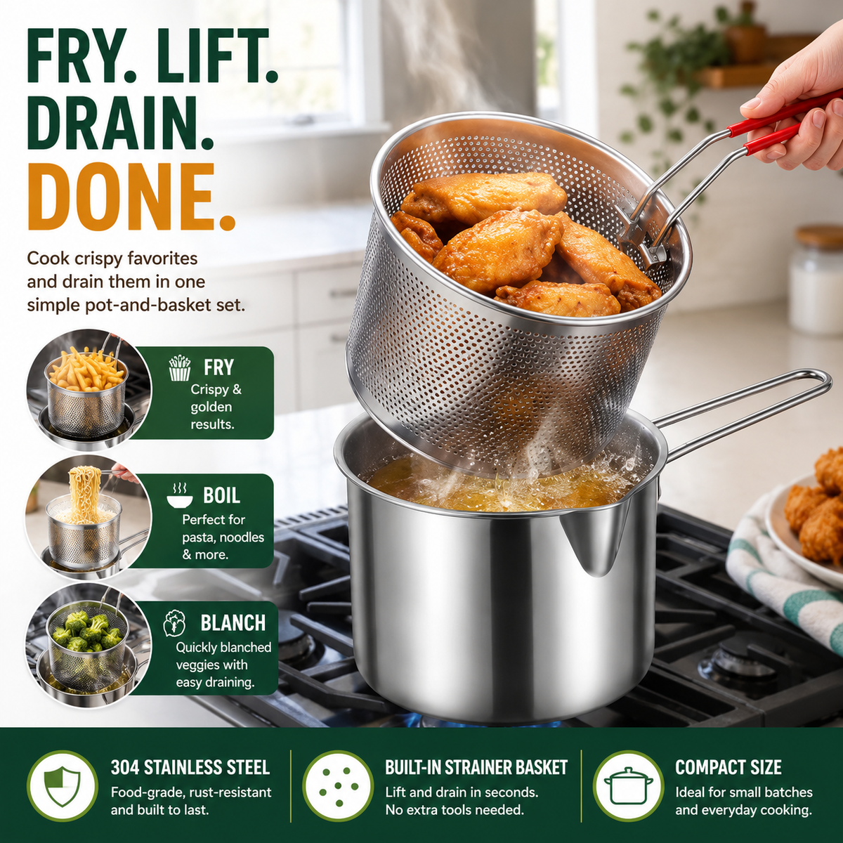 🔥Last Day 50% OFF - 🍟🏅🍟Personal Mini Deep Fryer Set – Stainless Steel Pot with Lift-Out Draining Basket & Food Tongs
