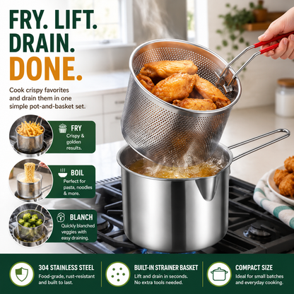 🔥Last Day 50% OFF - 🍟🏅🍟Personal Mini Deep Fryer Set – Stainless Steel Pot with Lift-Out Draining Basket & Food Tongs